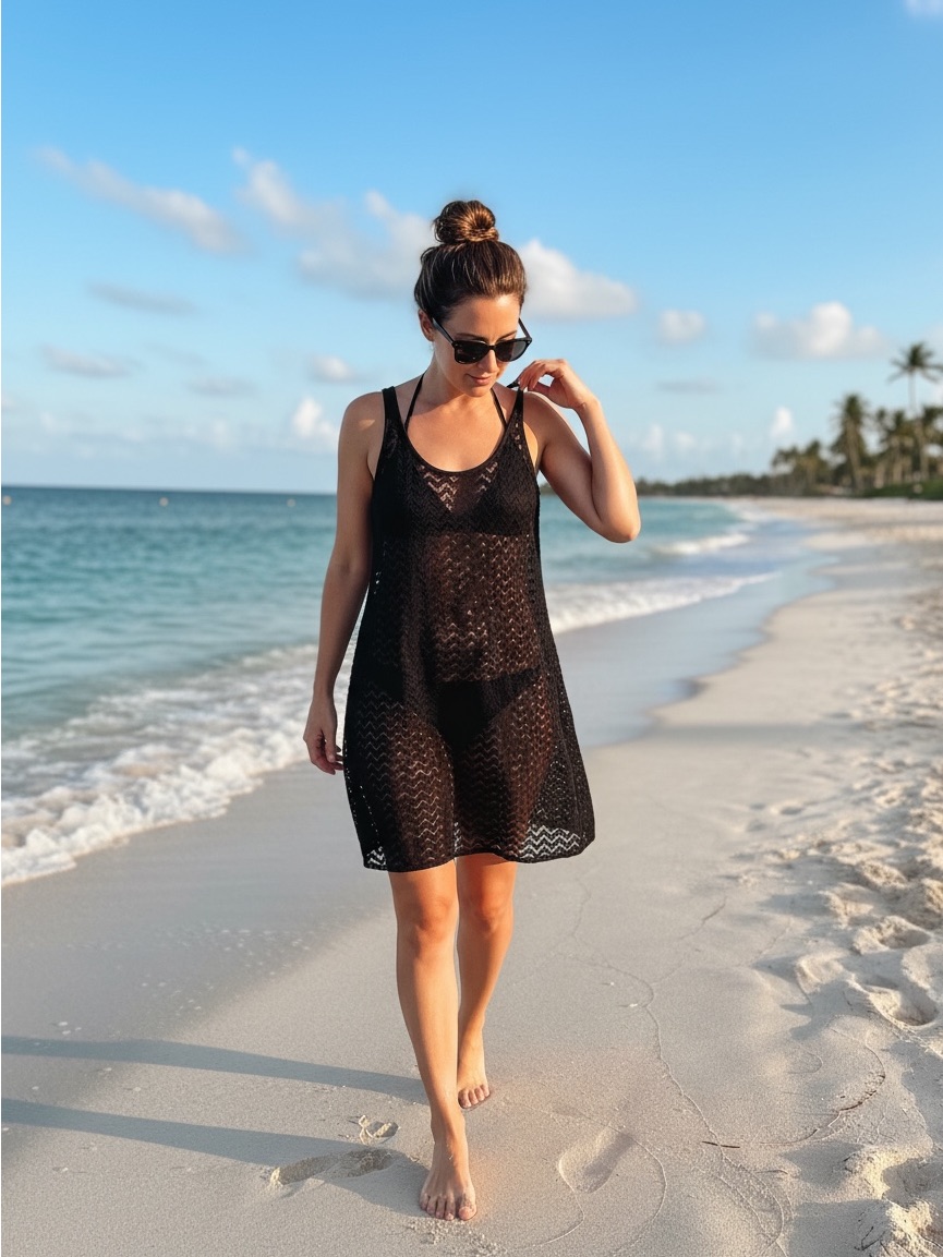 Dotti Black Sheer Lace Cover Up Medium | Beach Swim Coverup Resort Vacation